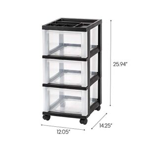 IRIS USA MC-303-TOP Plastic Storage Drawer, Rolling Cart with Organizer Top, 3, Black