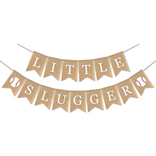 SWYOUN Burlap Little Slugger Banner Boy Baseball Theme Party Supplies Baby Shower Garland Decoration