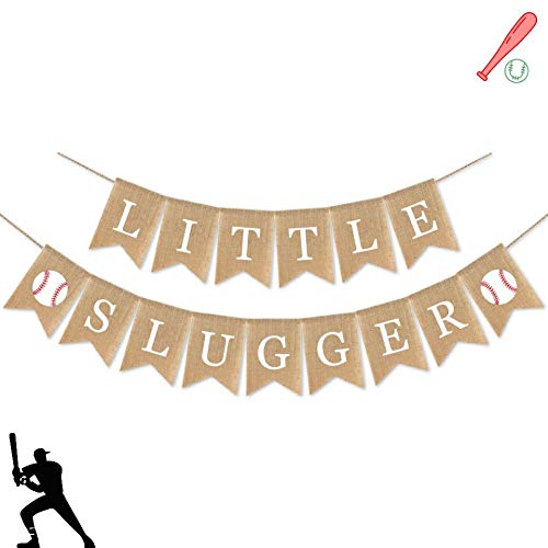 SWYOUN Burlap Little Slugger Banner Boy Baseball Theme Party Supplies Baby Shower Garland Decoration