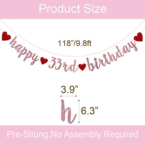 Happy 33rd Birthday Banner, Pre-Strung,Rose Gold Glitter Paper Garlands for 33rd Birthday Party Decorations Supplies, No Assembly Required,Rose Gold,SUNbetterland