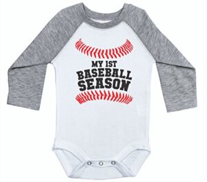 baseball long sleeve raglan baby onesie/my first baseball season/unisex (0-3m, heather & white)