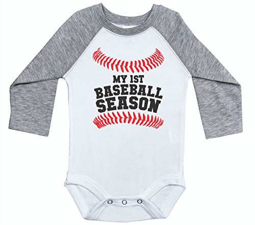 Baseball Long Sleeve Raglan Baby Onesie/My First Baseball Season/Unisex (0-3M, Heather & White)