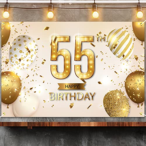 Happy 55th Birthday Backdrop Banner White Gold 55 Years Old Bday Background Decorations for Women Men Her Him Photography Party Supplies Glitter