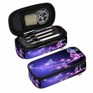 Yekiua Butterflies Pencil Pouch Glowing Pink Purple Flowers Stars High Capacity Pencil Case For Teen Boys Girls School Students Stationary Bag Cosmetics Bag