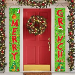 71x 12″ merry christmas banner, green monster christmas decorations outdoor banner, red and green christmas door decoration wall front door porch sign for indoor outdoor celebration merry christmas