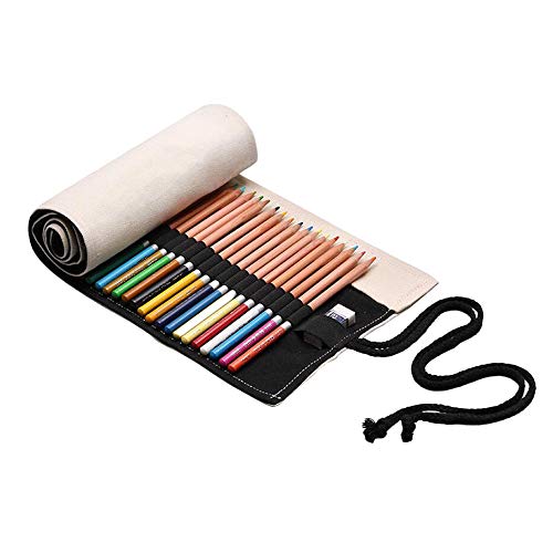 Handmade Canvas Pencil Roll Wrap 36/48/72 Holes, Multiuse Roll Up Pencil Case Large Capacity Pen Curtain for Coloring Pencil Holder Organizer (36-Slots, White)