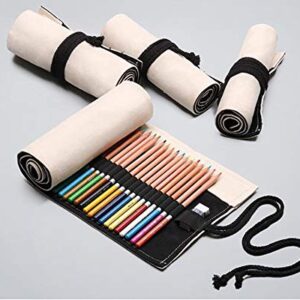 Handmade Canvas Pencil Roll Wrap 36/48/72 Holes, Multiuse Roll Up Pencil Case Large Capacity Pen Curtain for Coloring Pencil Holder Organizer (36-Slots, White)