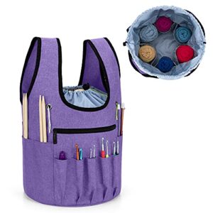 curmio knitting tote bag, yarn project wristlet bag with drawstring for knitting needles, crochet hooks and supplies, purple (bag only)