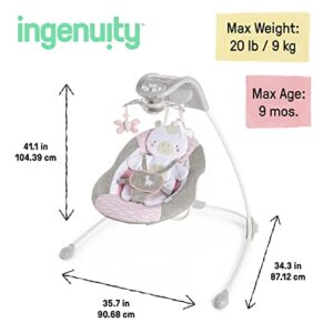 Ingenuity InLighten 6-Speed Baby Swing - Easy-Fold Frame, Swivel Infant Seat, Nature Sounds, Light Up Mobile - Flora the Unicorn (Pink)