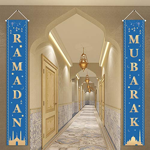 HONGFENG Ramadan Mubarak Porch Sign,Eid Mubarak Banner Indoor Outdoor Front Door Hanging Sign for Ramadan Mubarak Party Decoration (Blue)