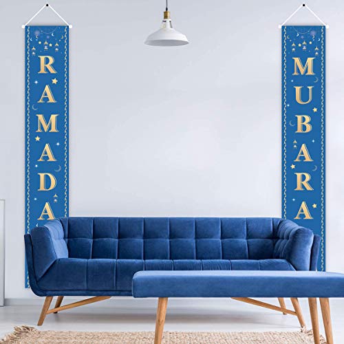 HONGFENG Ramadan Mubarak Porch Sign,Eid Mubarak Banner Indoor Outdoor Front Door Hanging Sign for Ramadan Mubarak Party Decoration (Blue)