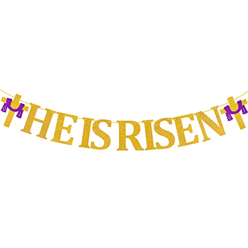 MALLMALL6 HE IS RISEN Banner Easter Party Decorations Religious Holiday Supplies Pre-Strung Glittery Sign Cross Patterns Ready to Hang Wall Art Jesus Faith Photo Props for Outdoor Church Fireplace