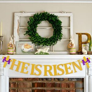 MALLMALL6 HE IS RISEN Banner Easter Party Decorations Religious Holiday Supplies Pre-Strung Glittery Sign Cross Patterns Ready to Hang Wall Art Jesus Faith Photo Props for Outdoor Church Fireplace