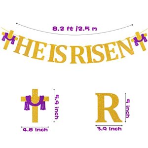 MALLMALL6 HE IS RISEN Banner Easter Party Decorations Religious Holiday Supplies Pre-Strung Glittery Sign Cross Patterns Ready to Hang Wall Art Jesus Faith Photo Props for Outdoor Church Fireplace