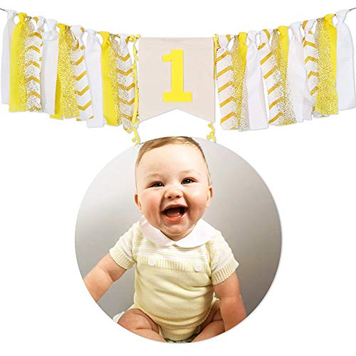 Baby Birthday Banner Decoration - 1st Birthday Baby High Chair One Banner Chair Tutu Skirt Decoration for Birthday Theme Party Supplies (Yellow)