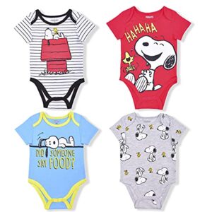 Peanuts Snoopy Boys’ 4 Pack Short Sleeve Bodysuit for Newborn and Infant – Red/White/Blue/Grey