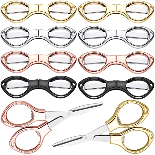 8 Pcs Stainless Steel Scissors Folding Mini Scissor Anti Rust Portable Keychain Scissors Small Glasses Shaped Compact Shear Telescopic Cutter for Travel School Office (Folding, Folding Style)