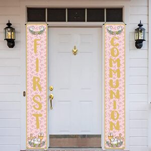 pink first communion decorations confirmation porch banner baptism front porch sign christening 1st communion decoration and supplies for girls-12×71”