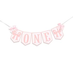 pink and white highchair banner – bow one banner, pink white party decor- girl first birthday decor cake smash prop (bow pink one)