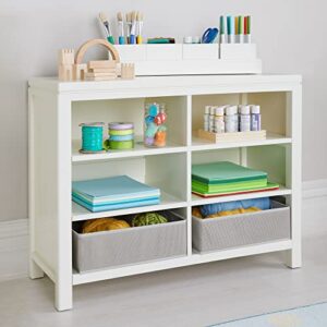 martha stewart crafting kids’ double open storage – creamy white: wooden shelving with bins, 6 compartment art supply organizer for playroom
