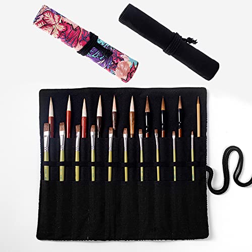 20 Slots Canvas Paint Brush Bag, Pencil Wrap Roll up Case, Watercolor Brush Pouch, Rolling Makeup Brush Holder with Belt Strap, for Acrylic Oil Gouache Artist Draw Pen (Maple Leaf)