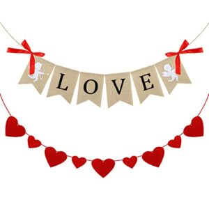 2 pack valentines day garland valentines day decor burlap banner rustic love hanging banner valentines decoration felt heart garland banner bunting photo props party supplies for mantle fireplace wall