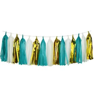 happyfield teal white gold tissue paper tassel garland for birthday party, hen party, bridal shower, baby shower, wedding, bachelorette, table decor event & party decorations, diy kits