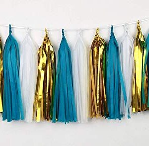 HappyField Teal White Gold Tissue Paper Tassel Garland for Birthday Party, Hen Party, Bridal Shower, Baby Shower, Wedding, Bachelorette, Table Decor Event & Party Decorations, DIY Kits