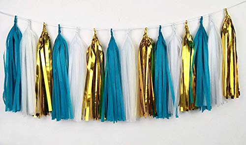 HappyField Teal White Gold Tissue Paper Tassel Garland for Birthday Party, Hen Party, Bridal Shower, Baby Shower, Wedding, Bachelorette, Table Decor Event & Party Decorations, DIY Kits