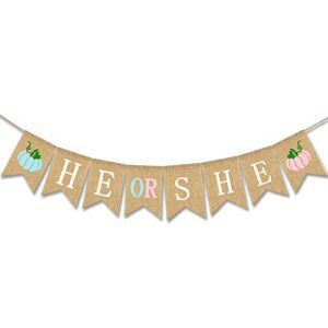 he or she pumpkin banner gender reveal baby shower garland autumn party decoration pink blue bunting burlap flag boy or girl pregnancy announcement supplies