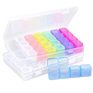 cosics rhinestone storage organizer box, 2pcs 28-grid clear & colorful case container portable with lids for diamond painting nail charms embroidery bead sewing glitter pill seed diy art craft jewelry