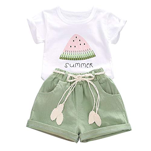 Xfglck 1-4T Toddler Kids Baby Girls Summer Outfits Clothes Watermelon Print Tops + Shorts Pants with Belt Short Set (Green set, 3-4 y)