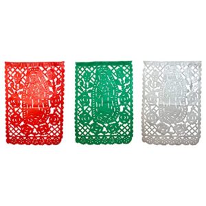 texmex fun stuff – mexican banner decorations, mexican party decorations, mexican banner papel picado, virgin of guadalupe, paper, 14 x 9 inches per flag, set of 2
