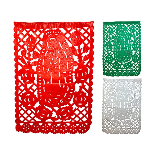 TexMex Fun Stuff - Mexican Banner Decorations, Mexican Party Decorations, Mexican Banner Papel Picado, Virgin of Guadalupe, Paper, 14 x 9 Inches per Flag, Set of 2