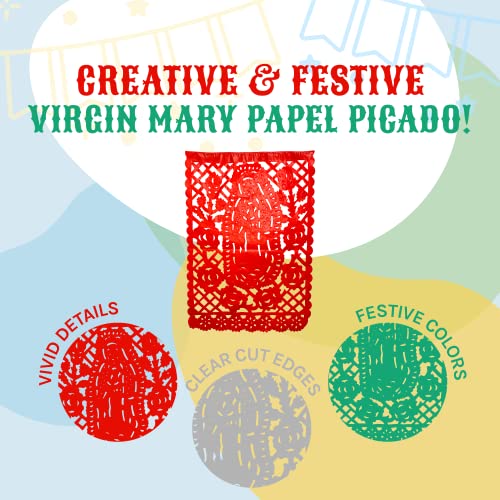 TexMex Fun Stuff - Mexican Banner Decorations, Mexican Party Decorations, Mexican Banner Papel Picado, Virgin of Guadalupe, Paper, 14 x 9 Inches per Flag, Set of 2