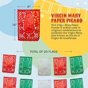 TexMex Fun Stuff - Mexican Banner Decorations, Mexican Party Decorations, Mexican Banner Papel Picado, Virgin of Guadalupe, Paper, 14 x 9 Inches per Flag, Set of 2