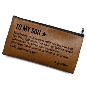 qqiliren inspirational son gift from mom to my son pencil case pen pouch engraved leather pencil bag vintage i love you zipper pouch for students graduation travel office work accessories