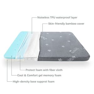 Waterproof Pack and Play Mattress Topper Fits for Graco & Baby Trend & Pamo Babe Playard, Bamboo Playard Mattress Pad for Toddlers, Soft Foam Playpen Mattress with Non-Slip Bottom, Dual Sided, Grey