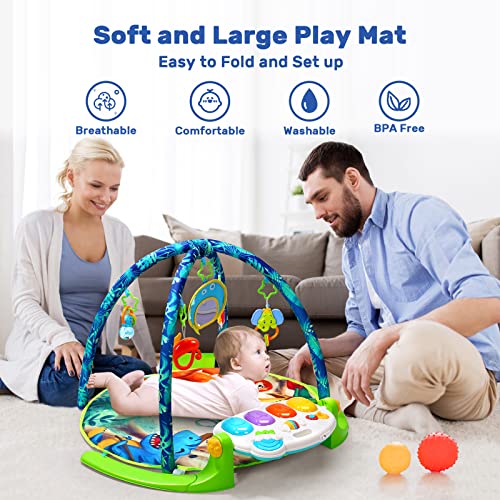 HOLYFUN Baby Gym Play Mat for 0 6 12 Month, Play Piano Keyboard, Tummy Time Playmats, Musical Activity Center with Sensory Teether Baby Toys, Early Learning Gift for Newborn Infants