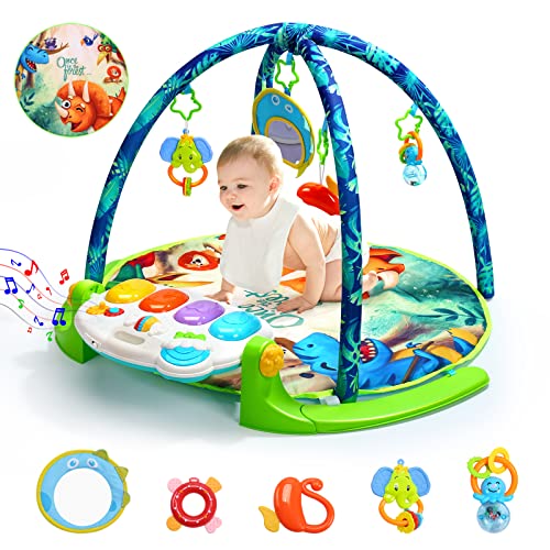 HOLYFUN Baby Gym Play Mat for 0 6 12 Month, Play Piano Keyboard, Tummy Time Playmats, Musical Activity Center with Sensory Teether Baby Toys, Early Learning Gift for Newborn Infants