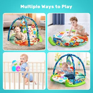 HOLYFUN Baby Gym Play Mat for 0 6 12 Month, Play Piano Keyboard, Tummy Time Playmats, Musical Activity Center with Sensory Teether Baby Toys, Early Learning Gift for Newborn Infants