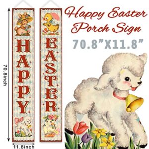 Vintage Easter Banner-Happy Easter Front Door Porch Sign Banner Vintage Easter Decorations Backdrop for Easter Party Supplies Outdoor