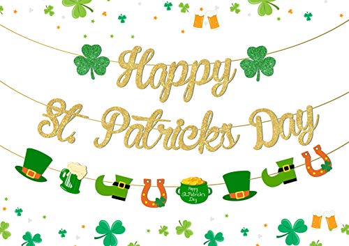 St. Patrick 's Day Banner Decorations Shamrock Clover Garland Banner Irish Party lucky One Birthday Party Supplies Green and Gold Garland