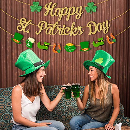 St. Patrick 's Day Banner Decorations Shamrock Clover Garland Banner Irish Party lucky One Birthday Party Supplies Green and Gold Garland