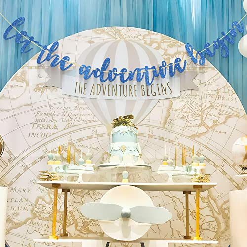 KakaSwa Let the Adventure Begin Banner, Blue Sign Decor for Baby Shower/Bridal Shower, Travel Themed Party Decoration Supplies