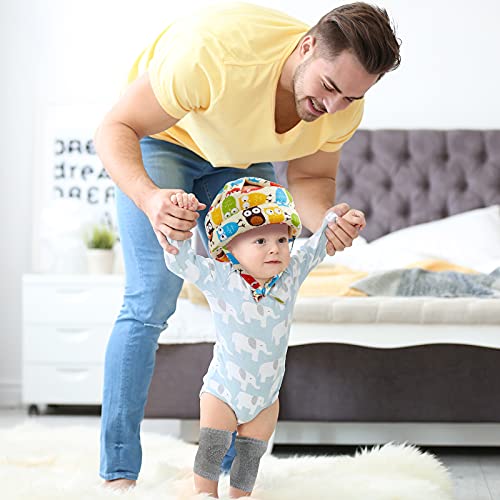 2 Pieces Baby Infant Toddler Helmet for Crawling Walking with 2 Pairs Knee Pads Socks No Bump Baby Toddler Safety Helmet Head Protector for Baby Walking Crawling Running (Soccer, Owl Style)