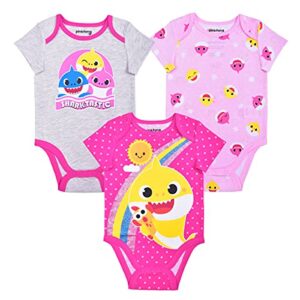 nickelodeon baby shark girls’ 3 pack short sleeve bodysuit for newborn and infant – pink/grey