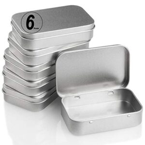 centerz 6 pack hinged tin box containers – 3.7 x 2.4 x 0.8 inch metal tins storage boxes with lids, rectangular empty small home craft organizer for gift, jewelery, pill, candy, matches, soap (silver)