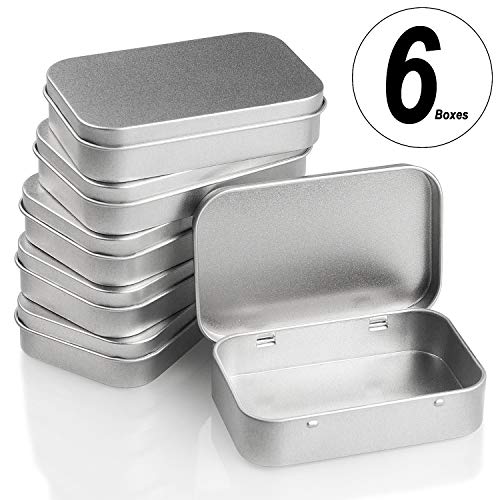 CenterZ 6 Pack Hinged Tin Box Containers - 3.7 x 2.4 x 0.8 inch Metal Tins Storage Boxes with Lids, Rectangular Empty Small Home Craft Organizer for Gift, Jewelery, Pill, Candy, Matches, Soap (Silver)