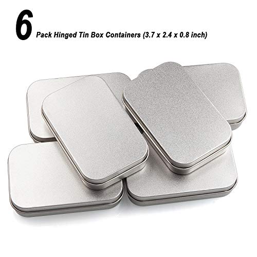 CenterZ 6 Pack Hinged Tin Box Containers - 3.7 x 2.4 x 0.8 inch Metal Tins Storage Boxes with Lids, Rectangular Empty Small Home Craft Organizer for Gift, Jewelery, Pill, Candy, Matches, Soap (Silver)